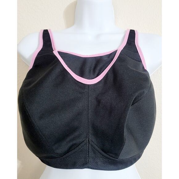 Glamorise Black Pink Trim Wirefree Sports Bra 38F Lightweight Hook & Eye Closure - Picture 1 of 6
